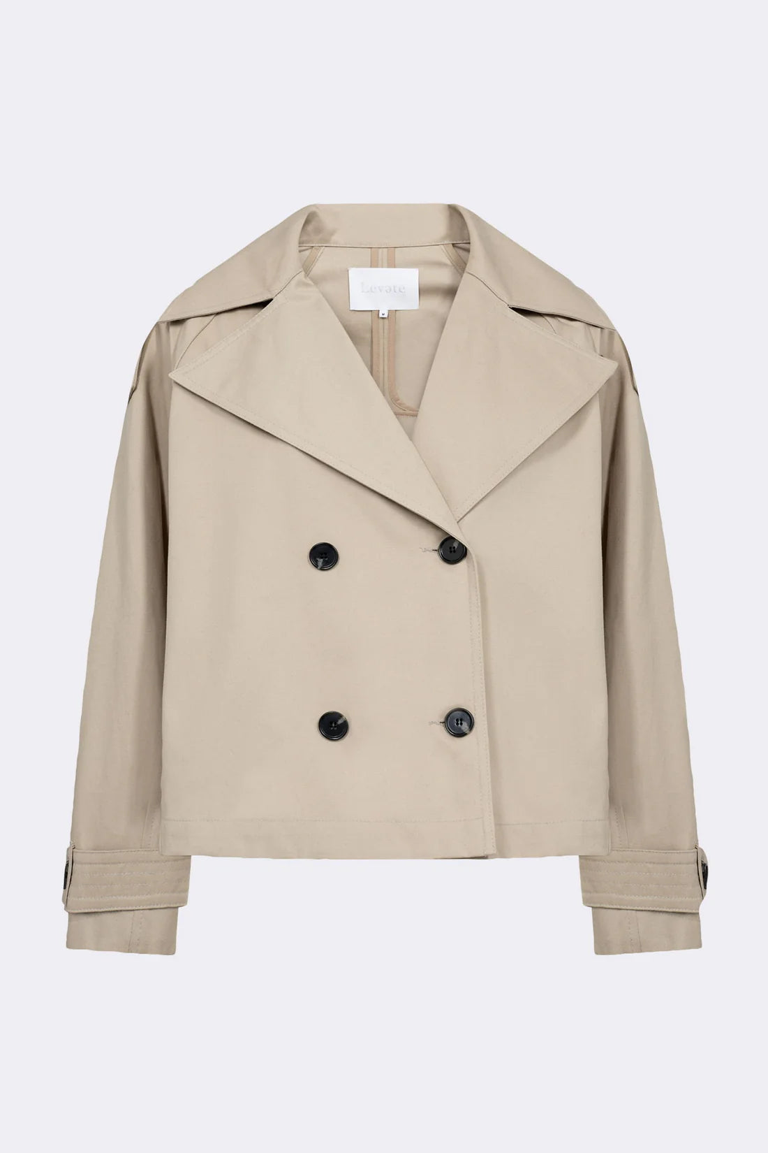 Beige Damen-Trenchcoat, doppelte Knopfleiste, klassischer Kragen, modisch, vielseitig, ideal für Herbst und Frühling, zeitloser Stil.