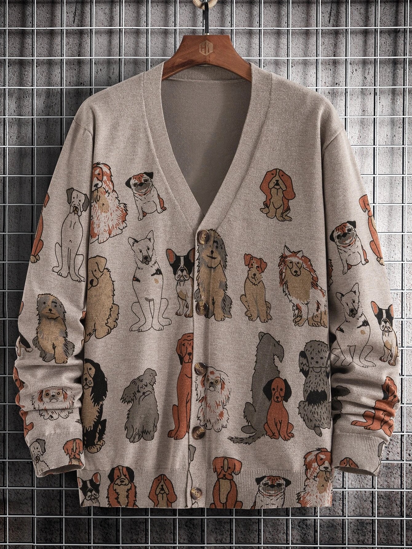 Damen-Cardigan mit Hundemuster, beige, aus Baumwolle, ideal für Herbstmode. Bequemer Strickpullover, perfekt für Tierliebhaber und stilvolle Outfits.