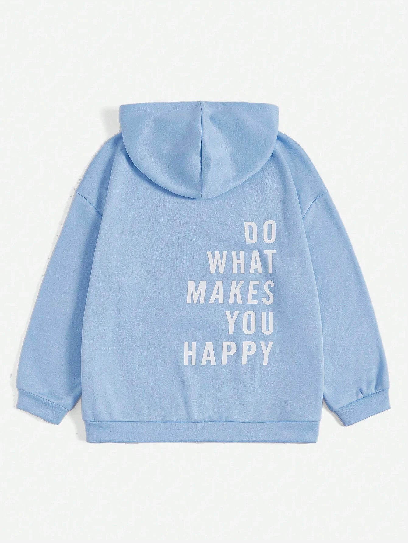 Hellblauer Hoodie mit Kapuze und dem Motivationsspruch "Do What Makes You Happy" auf dem Rücken. Bequeme Freizeitmode, ideal für den Alltag.