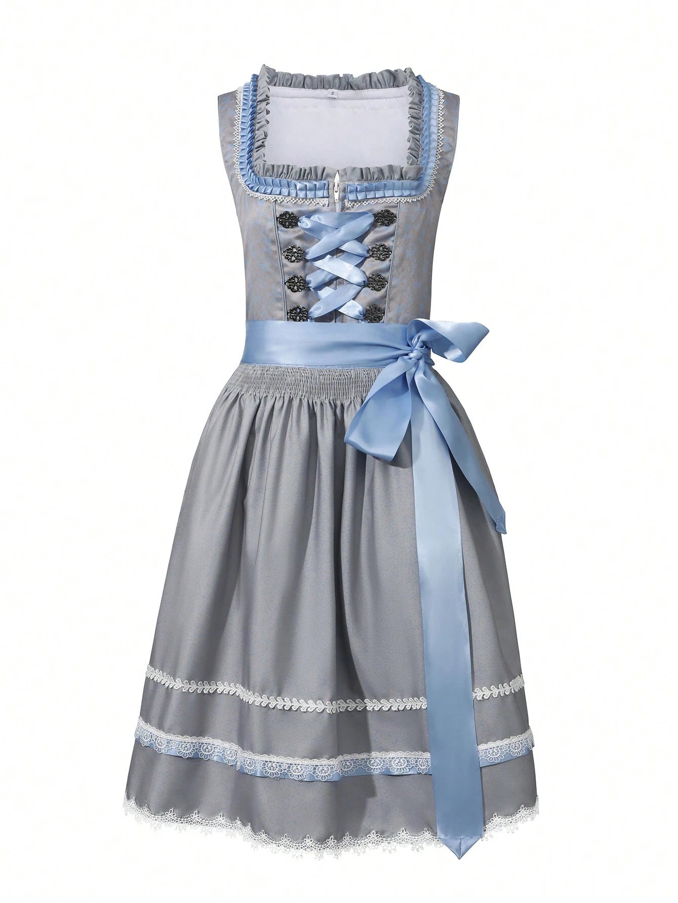 Graues Dirndl mit blauer Schleife, traditionelles bayerisches Kleid, ideal für Oktoberfest, Trachtenmode, elegante Stickerei, Damenmode.