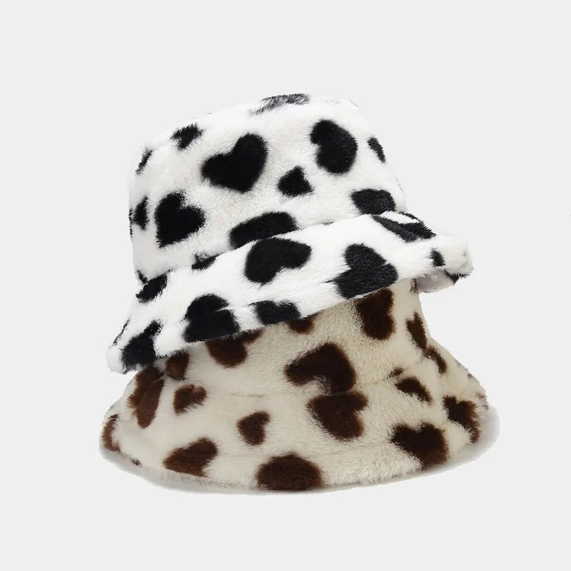 Herz-Print Kunstpelz Bucket Hat, flauschig und warm, ideal für Damen im Winter. Modischer Outdoor-Hut, weich und samtig.