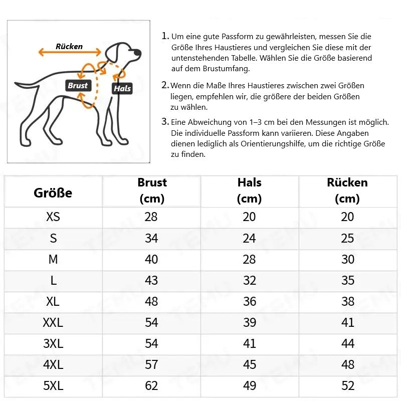 Größentabelle für Hundegeschirre mit Brust-, Hals- und Rückenmaßen in cm. Perfekt für die Auswahl der passenden Größe für Ihren Hund.