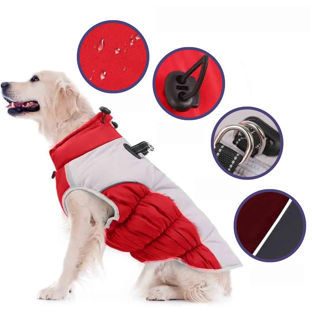 Wasserdichte Hundejacke in Rot und Grau, ideal für kaltes Wetter. Reflektierende Streifen, verstellbare Passform, robustes Material. Perfekt für Outdoor.