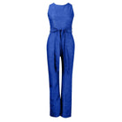 Eleganter blauer Jumpsuit mit Glitzer, ärmellos, tailliertem Gürtel und weitem Bein. Perfekt für Partys und festliche Anlässe. Damenmode-Trend.