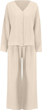 Beige Damen Pyjama-Set aus Baumwolle, langärmelig, Knopfleiste, bequem, Nachtwäsche.