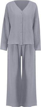 Graues Damen-Pyjama-Set aus Baumwolle, langärmelig, bequem, Freizeitkleidung.