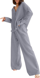 Damen Pyjama-Set, grau, langärmelig, aus Baumwolle, bequem, Freizeitkleidung.