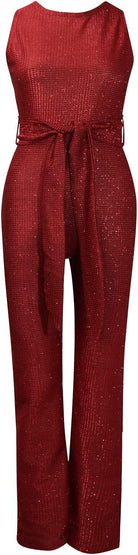 Eleganter roter Jumpsuit mit Glitzer, ärmellos, tailliertem Schnitt und Bindegürtel. Perfekt für festliche Anlässe und Abendveranstaltungen.