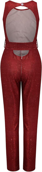 Roter, glitzernder Jumpsuit mit offenem Rücken und Reißverschluss. Perfekt für Partys und besondere Anlässe. Elegante Damenmode.