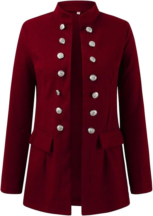 Damen-Mantel in Rot, militärischer Stil, mit silbernen Knöpfen. Elegante Jacke, ideal für Herbstmode. Hochwertige Damenbekleidung.