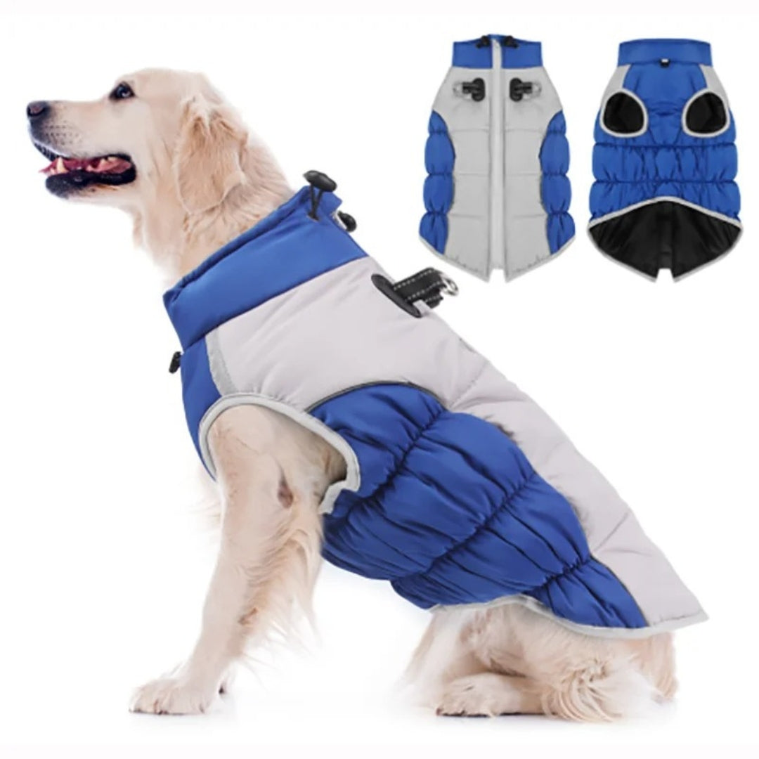 Hundemantel für große Hunde, blau-grau, wasserdicht, warm, ideal für Winterspaziergänge. Bequem, stilvoll, mit Reißverschluss und verstellbarem Kragen.