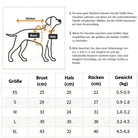 Größentabelle für Hundegeschirre mit Brust-, Hals- und Rückenmaßen in cm. Größen von XS bis XL, inklusive Gewicht in kg. Ideal für Haustierbedarf.