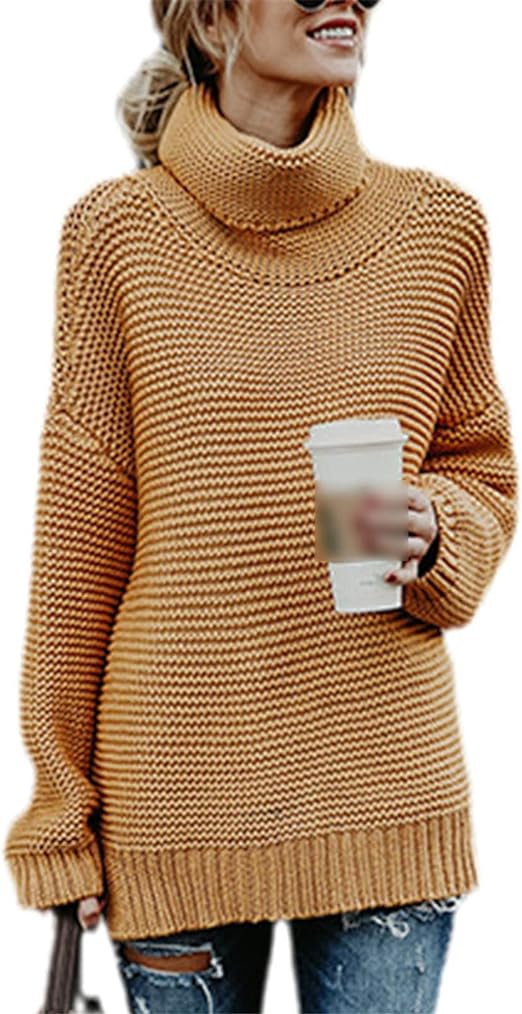 Damen Strickpullover, Rollkragen, grob gestrickt, beige, lässig, warm, ideal für Herbst und Winter, modisch, bequem, zeitloses Design.