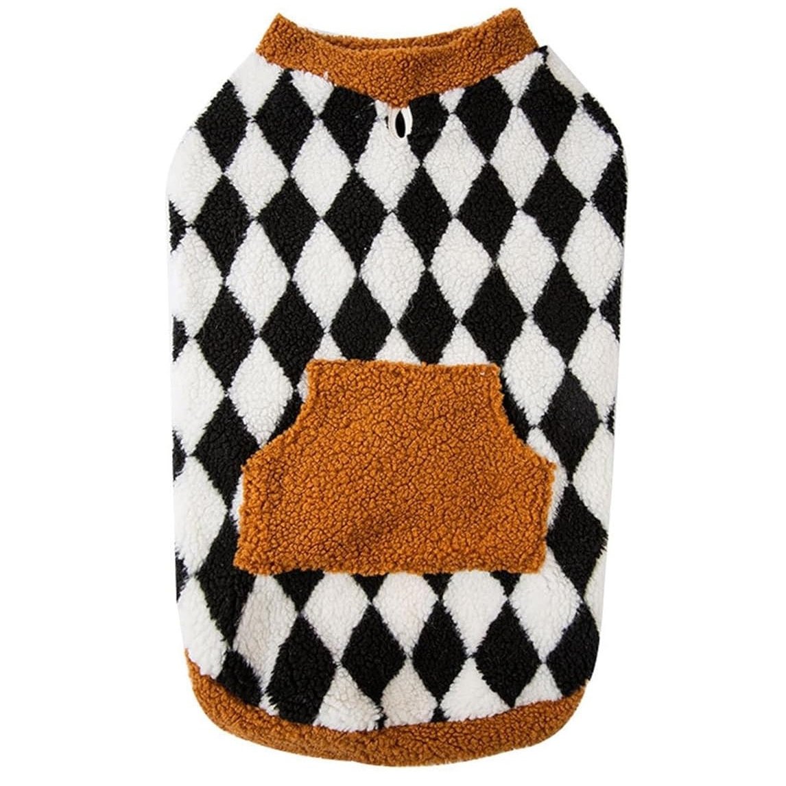 Warmer Hundepullover mit Rautenmuster, schwarz-weiß, aus weichem Fleece, ideal für kalte Tage. Perfekt für kleine bis mittelgroße Hunde.