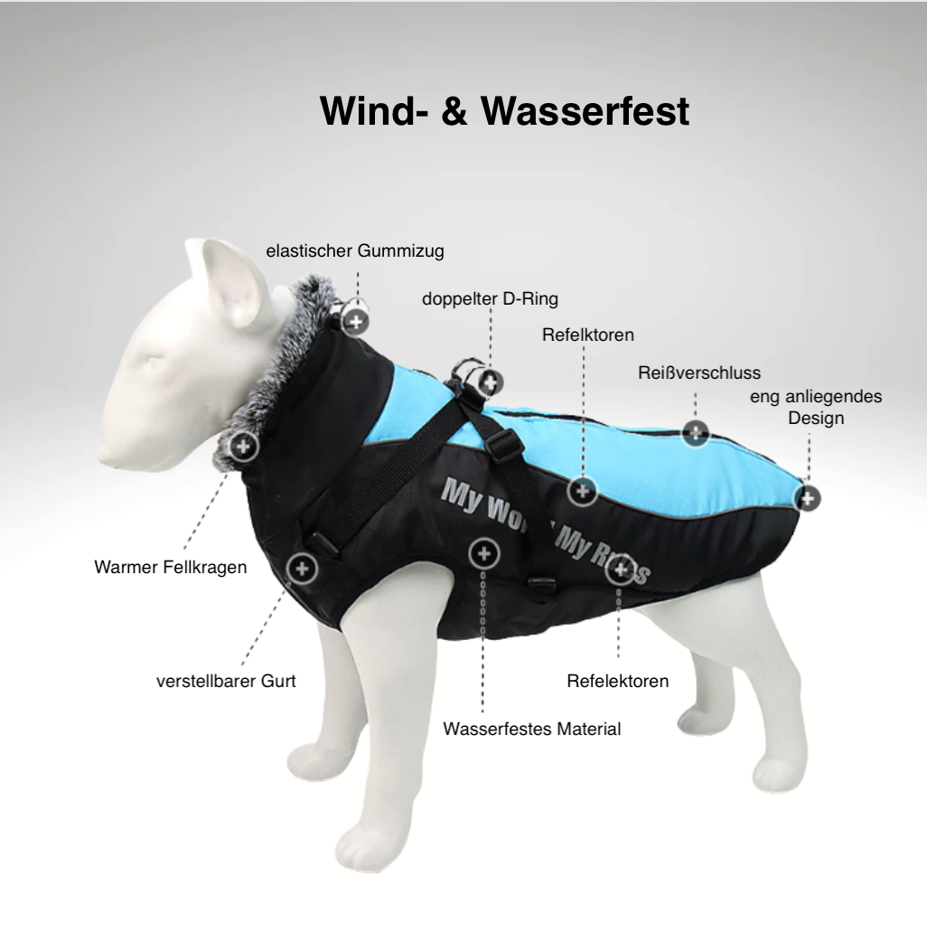 Wind- und wasserfeste Hundejacke mit reflektierenden Streifen, warmem Fellkragen, verstellbarem Gurt und Reißverschluss für optimalen Schutz.