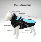 Wind- und wasserfeste Hundejacke mit reflektierenden Streifen, warmem Fellkragen, verstellbarem Gurt und Reißverschluss für optimalen Schutz.