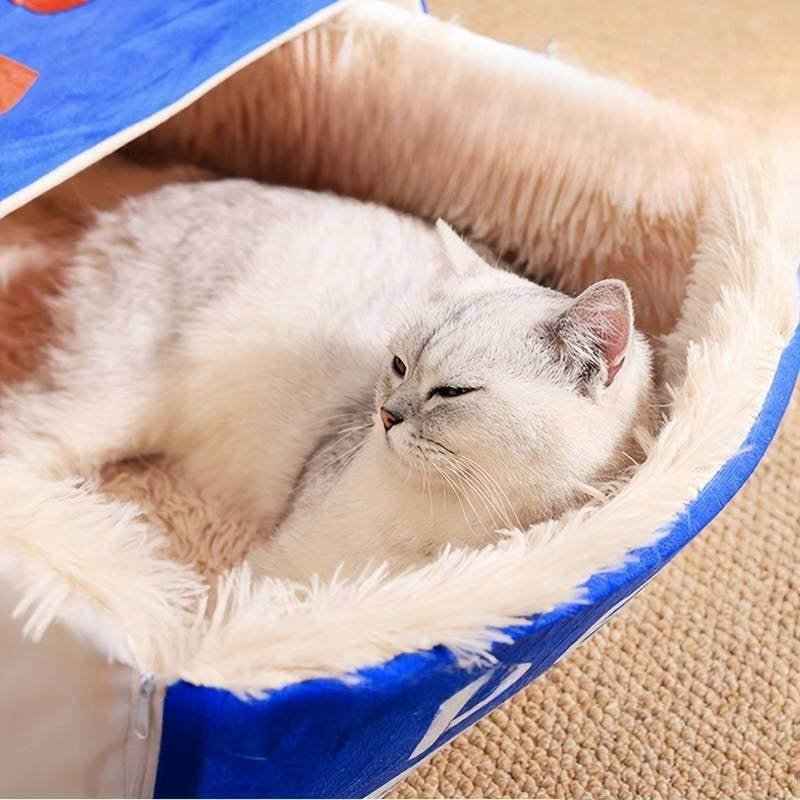 Beheiztes Katzenbett in Blau mit weichem Plüsch, ideal für Haustierkomfort und Wärme. Perfekt für Katzen, die Gemütlichkeit lieben.