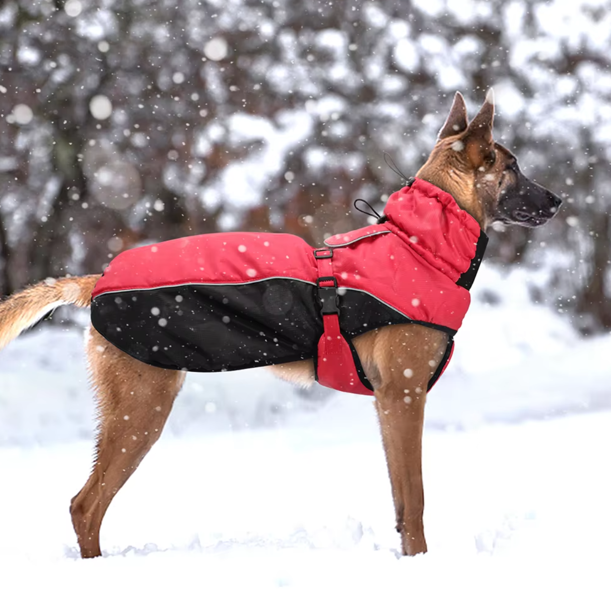 Hund im roten Wintermantel im Schnee, schützende Hundebekleidung, wetterfester Hundemantel, Outdoor-Hundemode, warme Hundejacke.