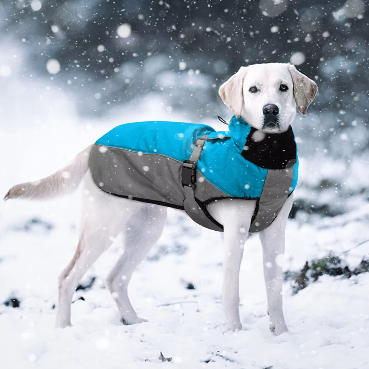 Labrador im Schnee mit blau-grauem Wintermantel. Hundebekleidung, Wintermode für Hunde, wetterfeste Hundejacke, Outdoor-Hundezubehör.