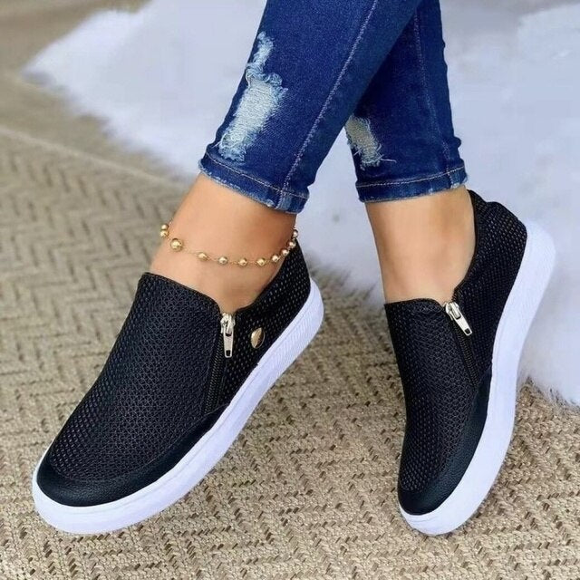 Damen-Sneaker, schwarz, atmungsaktiv, Slip-On, flach, ideal für Frühling/Sommer. Modische, bequeme Freizeitschuhe für Frauen.