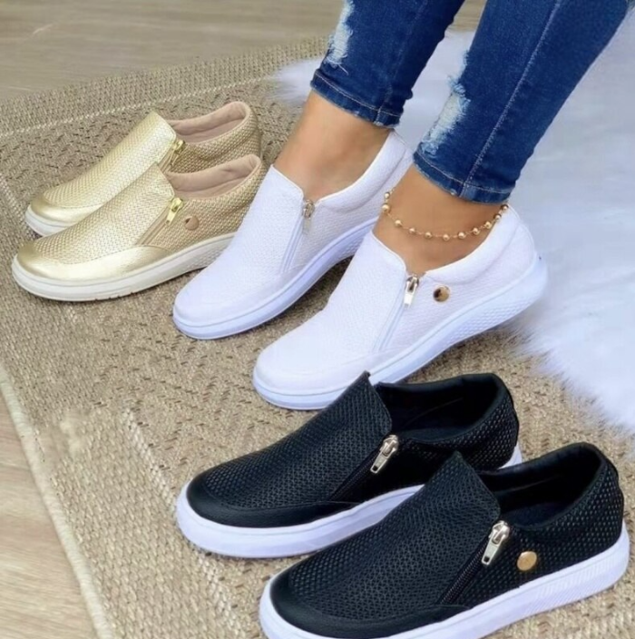 Damen-Sneaker in Weiß, Schwarz und Gold, atmungsaktiv, rutschfest, ideal für Frühling und Sommer. Bequeme Slip-On-Schuhe für Freizeit und Alltag.