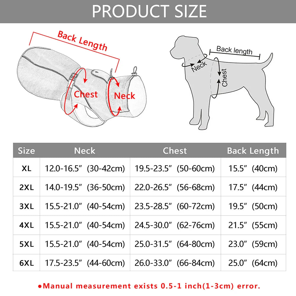 Größentabelle für Hundemantel: XL bis 6XL, Maße für Hals, Brust und Rückenlänge. Perfekt für große Hunde, wetterfest und komfortabel.