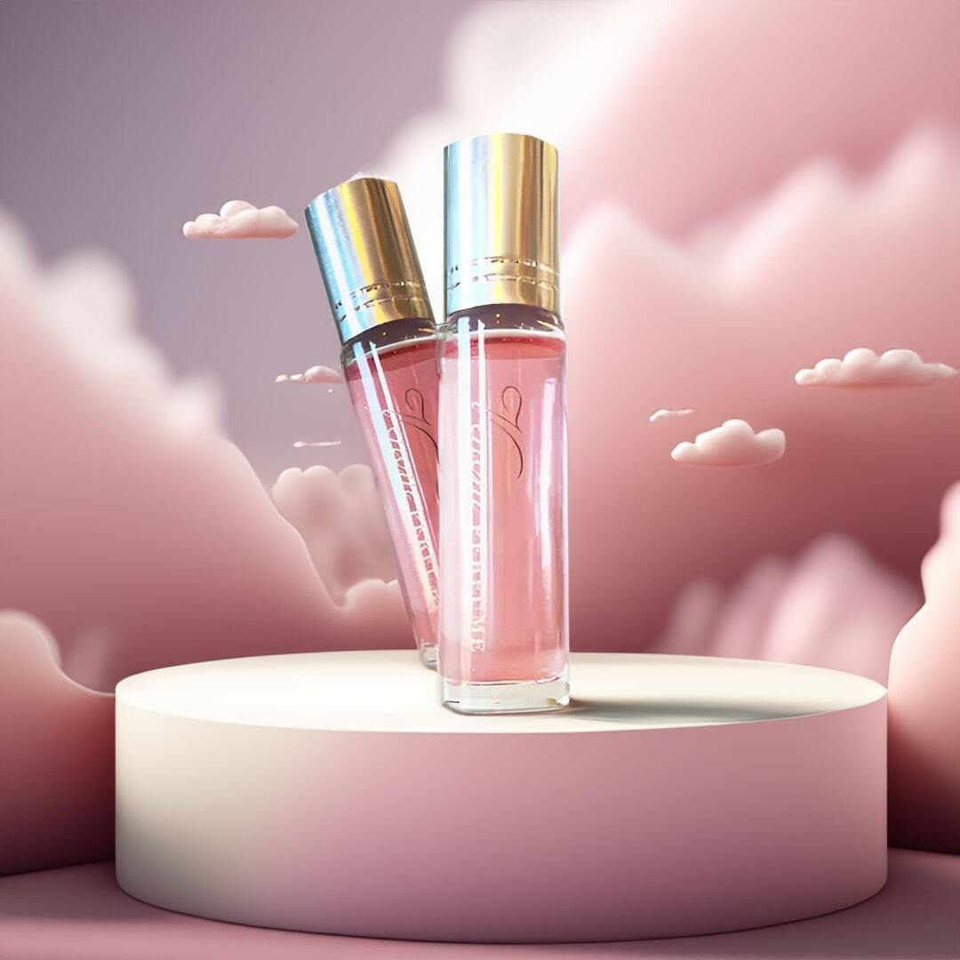 Luxuriöses Parfümflakon-Set mit goldenen Kappen auf rosa Podest, umgeben von Wolken. Ideal für elegante Duftliebhaber.