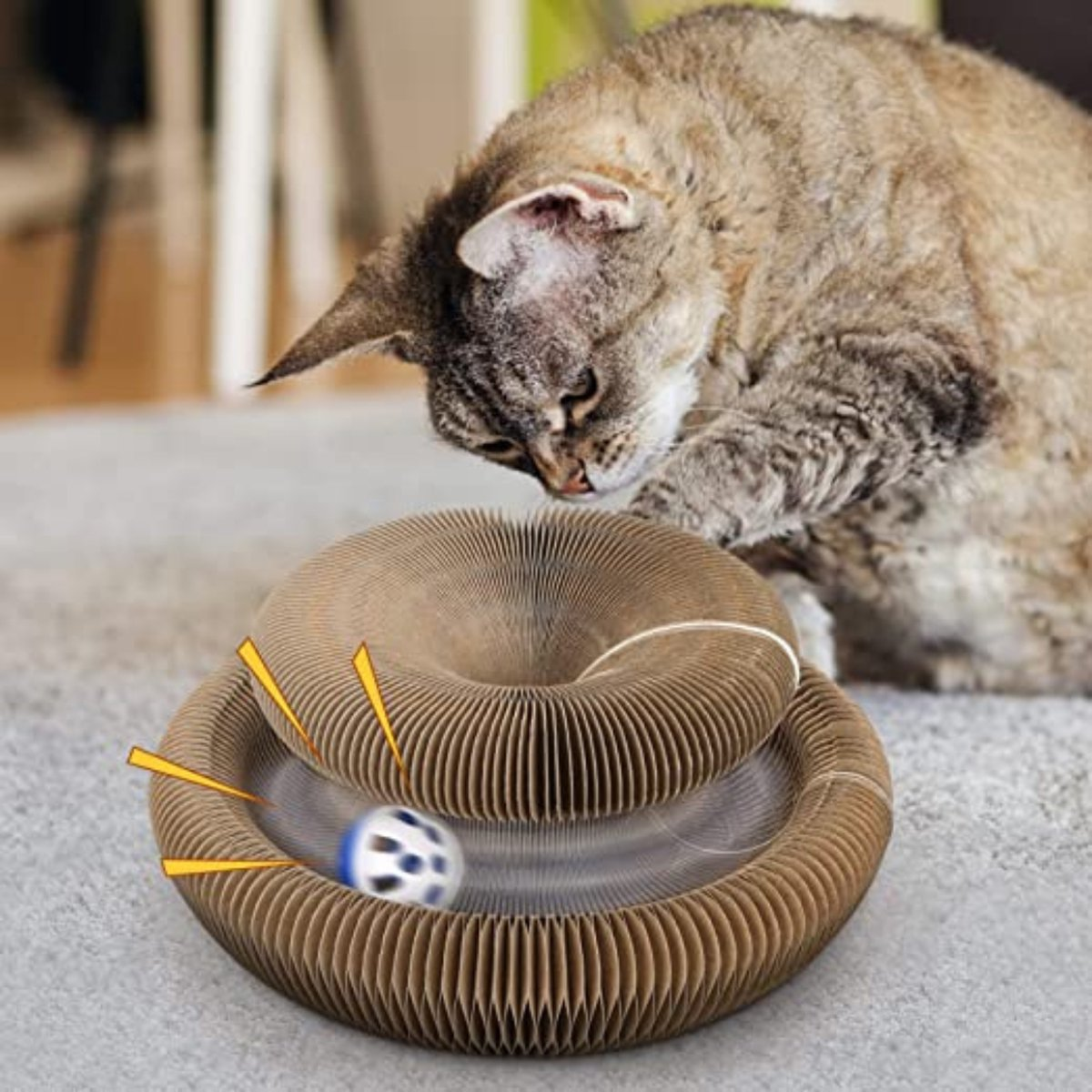 Katzenspielzeug aus Pappe mit interaktivem Ball, ideal für Katzenunterhaltung und Krallenpflege. Fördert Aktivität und Spielspaß.