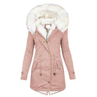 Damen Winterparka rosa mit Kapuze, Kunstfellbesatz, warm gefüttert, modisch, ideal für kalte Tage, stilvoller Mantel, Outdoor-Bekleidung.