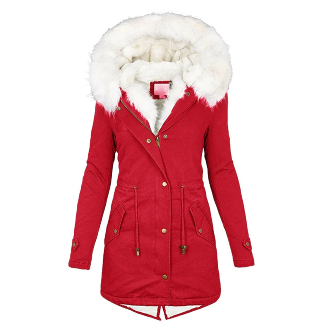 Roter Damenparka mit Kapuze und weißem Kunstfellbesatz, ideal für Wintermode. Stilvoller Mantel, warm und modisch, perfekt für kalte Tage.