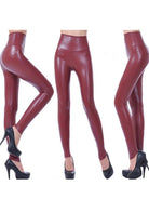 Damen-Leggings aus rotem Kunstleder, hoch tailliert, figurbetont, ideal für Mode, Streetwear, Clubwear, trendige Outfits, stilvoll und sexy.