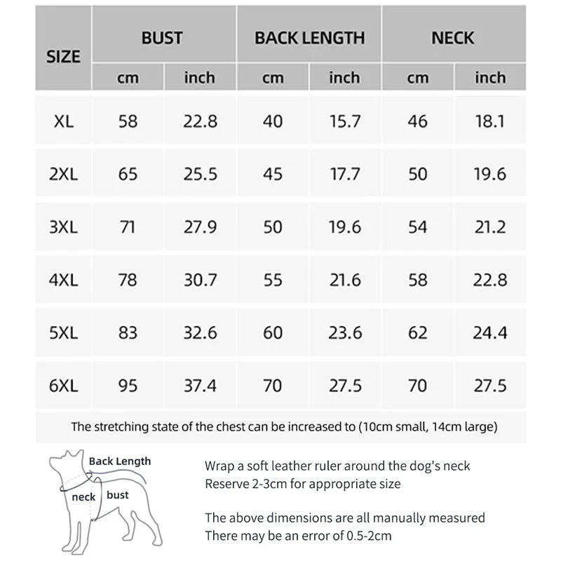 Größentabelle für Hundebekleidung: XL bis 6XL, Maße in cm und inch für Brust, Rückenlänge, Hals. Perfekt für große Hunderassen.