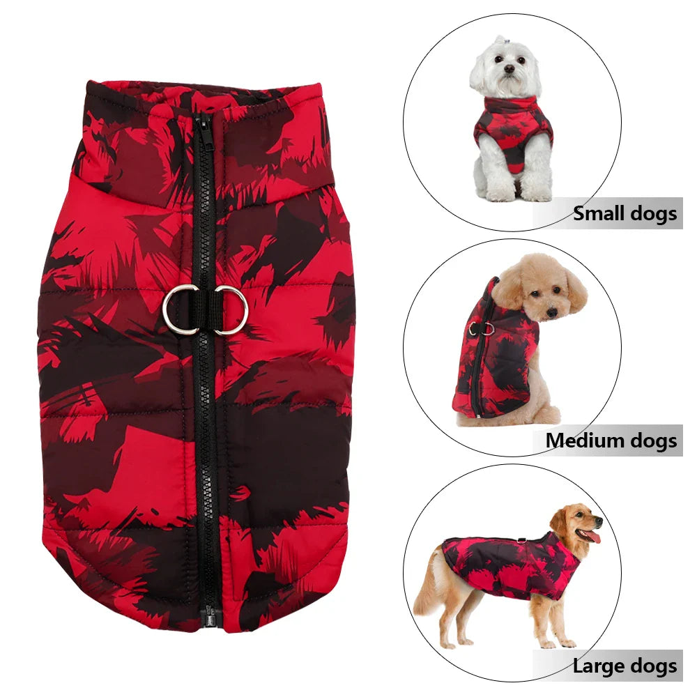 Roter Hundemantel mit schwarzem Muster, ideal für kleine, mittlere und große Hunde. Perfekt für kaltes Wetter, stilvoll und funktional.