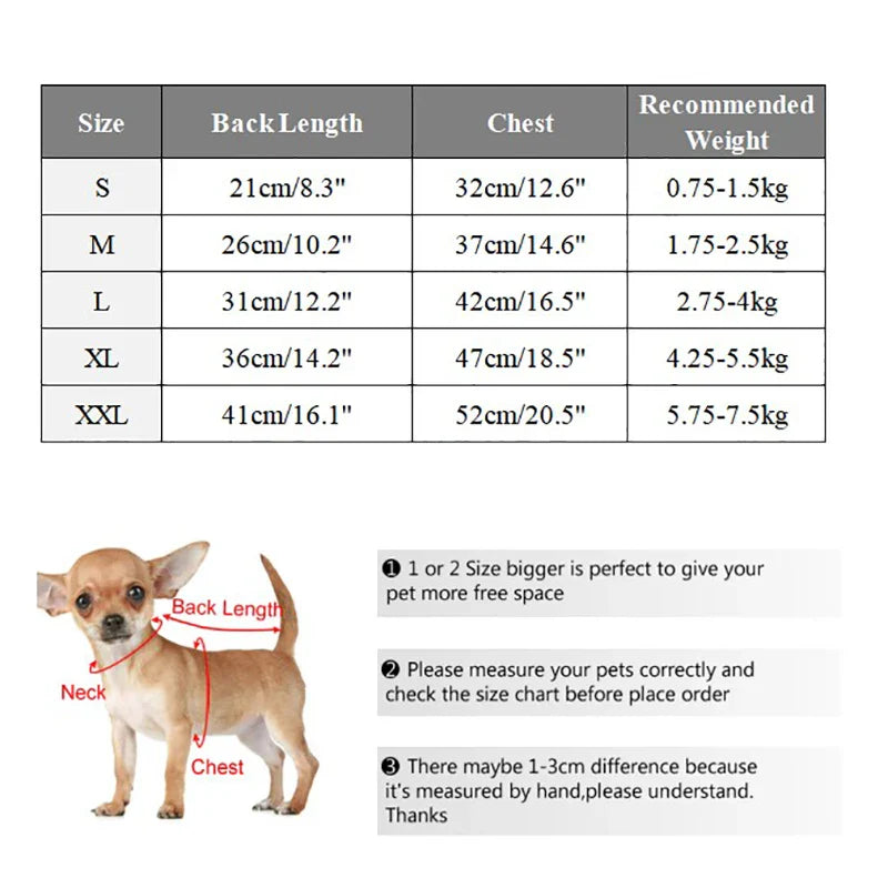 Größentabelle für Hundebekleidung: Größen S bis XXL, mit Rückenlänge, Brustumfang und empfohlenem Gewicht. Perfekt für Chihuahua und kleine Hunde.