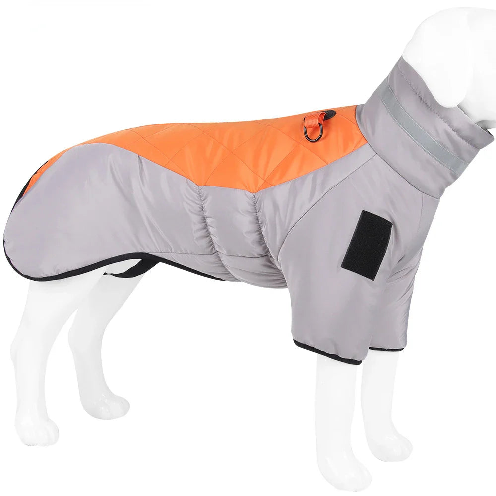 Wasserdichter Hundemantel in Grau und Orange, reflektierend, mit Klettverschluss und D-Ring. Ideal für kaltes Wetter und Outdoor-Aktivitäten.