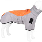 Wasserdichter Hundemantel in Grau und Orange, reflektierend, mit Klettverschluss und D-Ring. Ideal für kaltes Wetter und Outdoor-Aktivitäten.