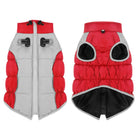 Warme Hundejacke in Rot und Grau, wasserabweisend, mit Reißverschluss und reflektierenden Details. Perfekt für kalte Wintertage.