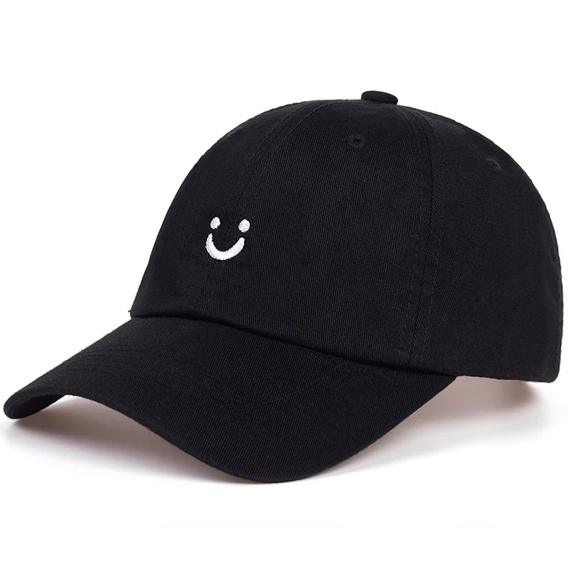 Schwarze Baseballkappe aus Baumwolle mit verstellbarem Verschluss, lächelndem Smiley-Design, ideal für Herren und Damen, perfekt für Sport und Freizeit.