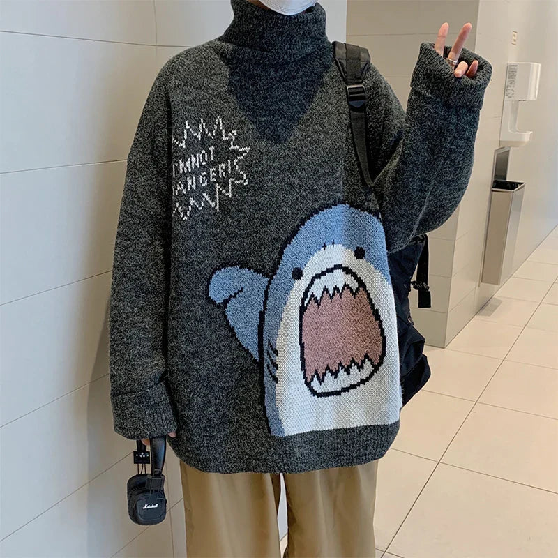 Grauer Herren-Rollkragenpullover mit Hai-Motiv, Patchwork-Design, oversized, koreanischer Harajuku-Stil, Wintermode 2023.