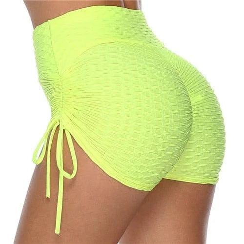 Damen Sportshorts gelb, hohe Taille, gerafftes Design, elastisch, atmungsaktiv, ideal für Fitness, Yoga, Laufen, Größe S.