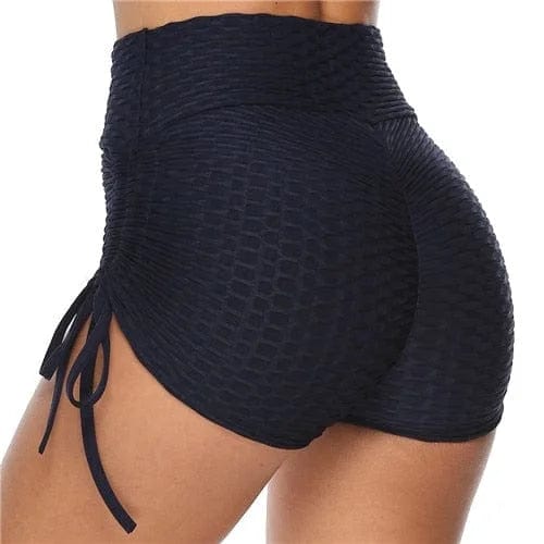 Damen Sportshorts in Marineblau, hohe Taille, gerafftes Design, ideal für Fitness und Yoga. Bequeme, atmungsaktive Sportbekleidung.