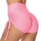 Damen Sportshorts rosa, hohe Taille, gerafftes Design, elastisch, bequem, ideal für Fitness, Yoga, Laufen, atmungsaktiv, modisch.