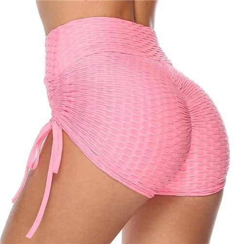 Damen Sportshorts rosa, hohe Taille, gerafftes Design, elastisch, bequem, ideal für Fitness, Yoga, Laufen, atmungsaktiv, modisch.