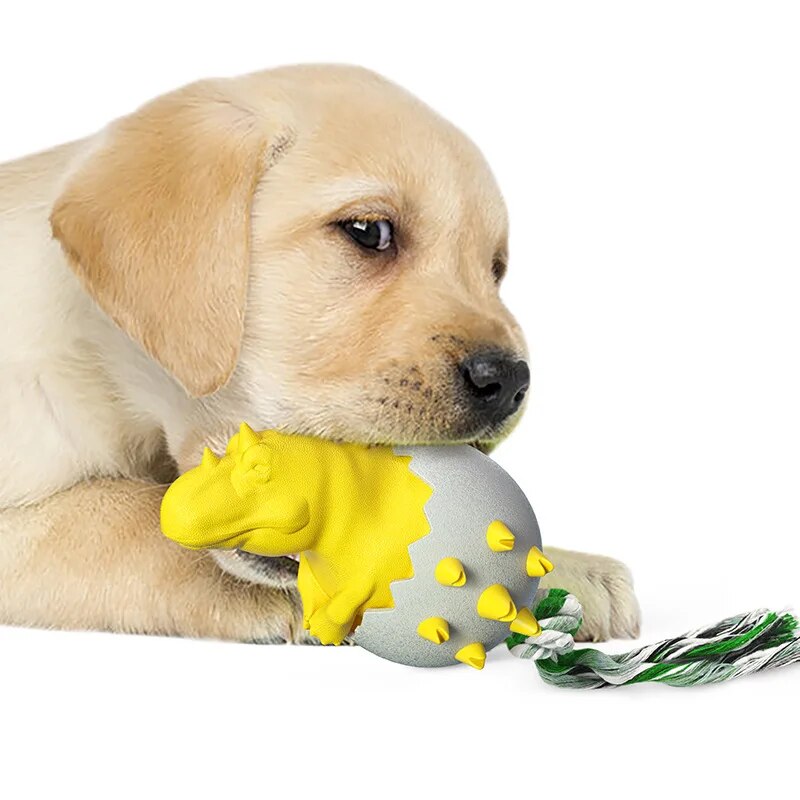 Welpe spielt mit gelbem Hundespielzeug und Seil. Perfekt für Haustierbedarf, robustes Kauspielzeug, ideal für Hunde. Hochwertiges Hundezubehör.