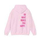 Rosa Kapuzenpullover mit dem Aufdruck "Do What Makes You Happy" in pink. Bequeme Streetwear, ideal für Freizeit und Modebewusste.