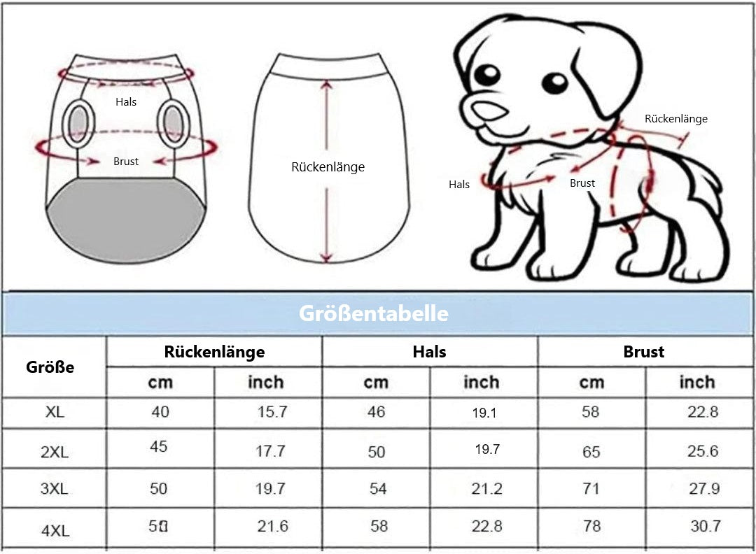 Größentabelle für Hundebekleidung: Rücklänge, Hals- und Brustumfang in cm und inch. Ideal für XL bis 4XL Hunde. Perfekt für Hundemantel-Kauf.