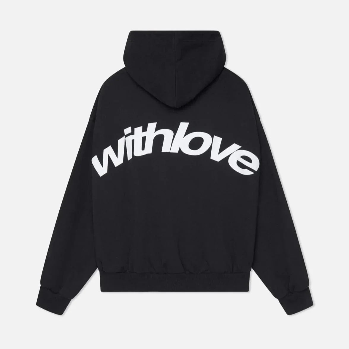 Schwarzer Hoodie mit weißem "withlove"-Schriftzug, Kapuze und langen Ärmeln. Modischer Streetwear-Pullover, ideal für lässige Outfits.