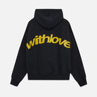 Schwarzer Hoodie mit gelbem "withlove"-Schriftzug auf der Rückseite. Modischer Kapuzenpullover, ideal für Streetwear und lässige Outfits.