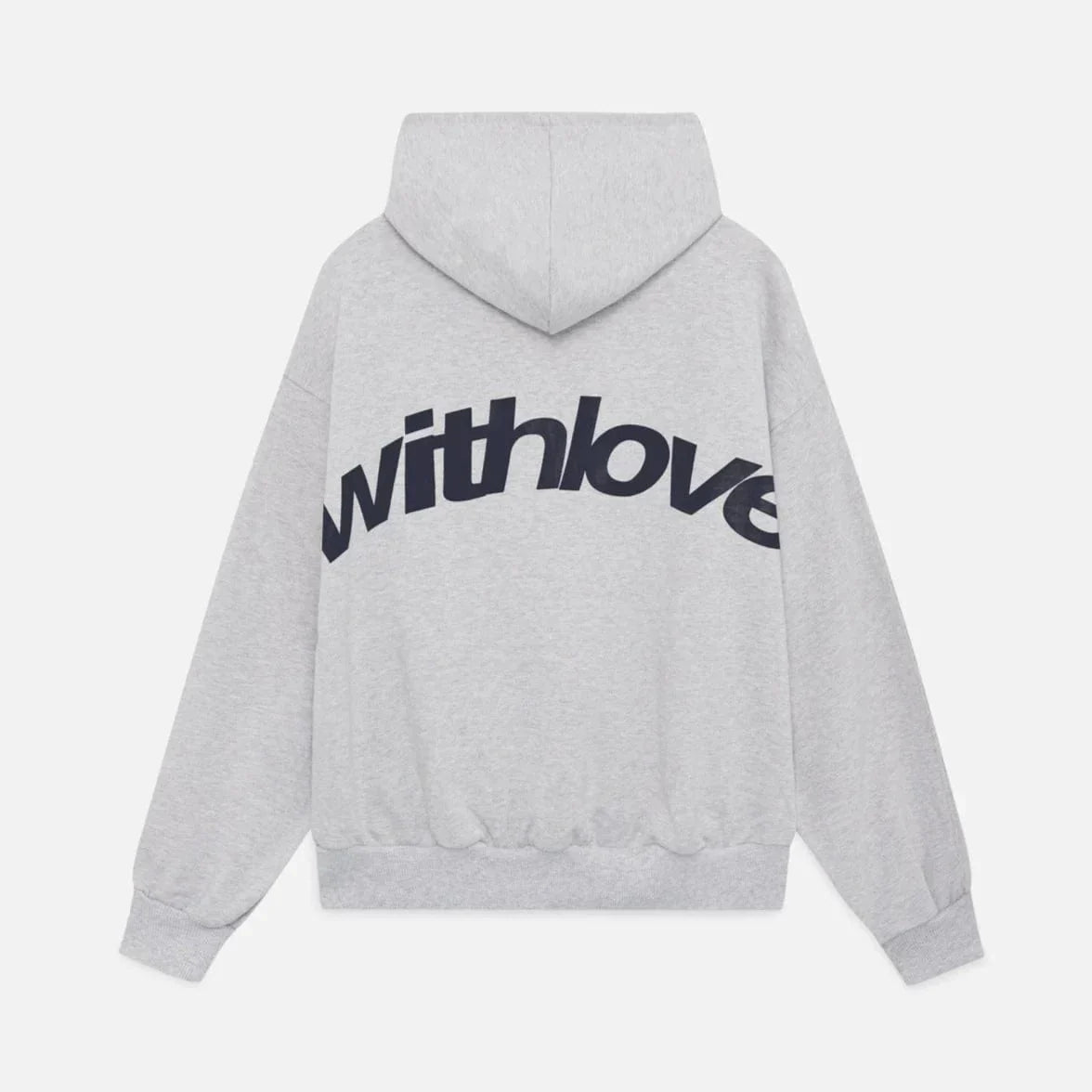 Grauer Hoodie mit Kapuze, Rückseite bedruckt mit großem "withlove"-Schriftzug. Bequeme Streetwear, ideal für lässige Outfits.