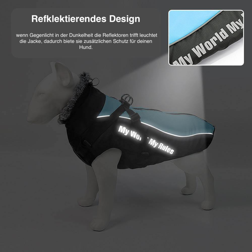 Reflektierende Hundejacke mit Schriftzug "My World My Rules", ideal für Sicherheit bei Dunkelheit. Wasserabweisend, modisch und funktional.